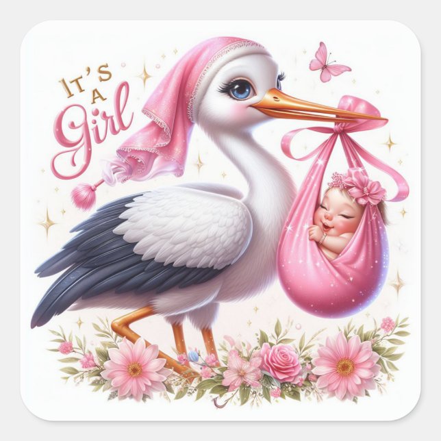 It's a Girl Cute Stork Carrying Baby Girl Square Sticker (Front)