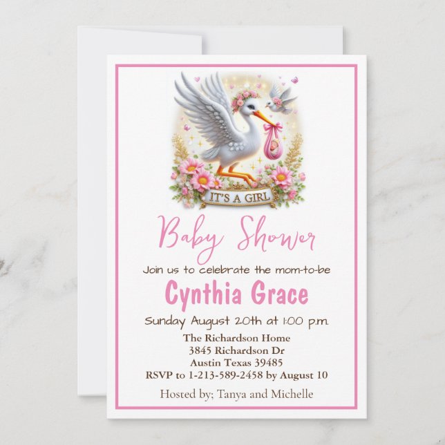 It's a Girl Cute Stork with Baby Girl and Flowers Holiday Card (Front)