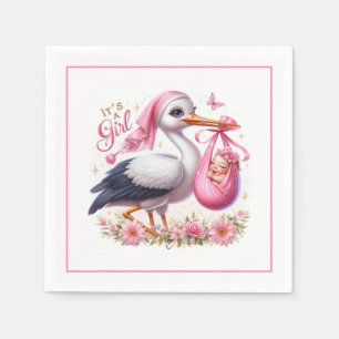 It's a Girl Cute Stork with Baby Girl and Flowers Napkin