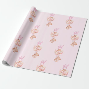 It's a Girl Cute Teddy Bear Toy with Balloons Wrapping Paper