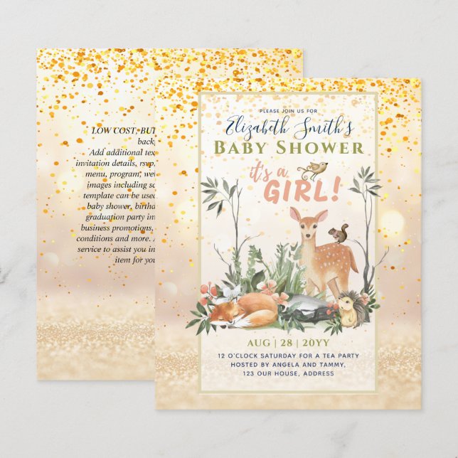 Its a GIRL! Cute Woodland Baby Animals Shower Inv. (Front/Back)