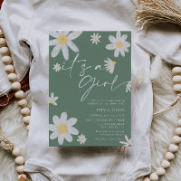 Its a Girl Daisy Sage Green Baby Shower Invitation