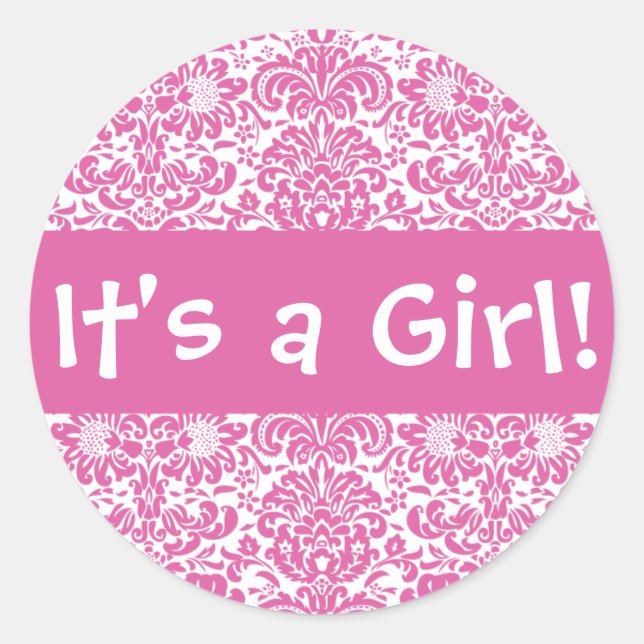 It's a Girl! Damask Envelope Sticker Seal (Front)