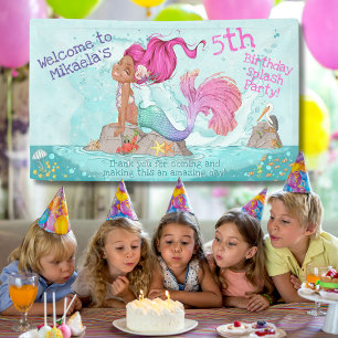 Its a Girl Dark Skin Pink Mermaid Baby Shower Banner