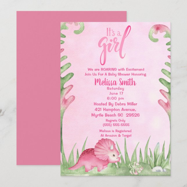 It's a Girl Dino Baby Shower Invitation (Front/Back)