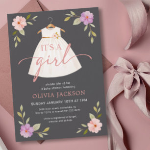 It's A Girl Dress Grey Baby Shower Invitation
