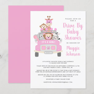 It's a Girl Drive By Safari Pink Baby Shower Invitation