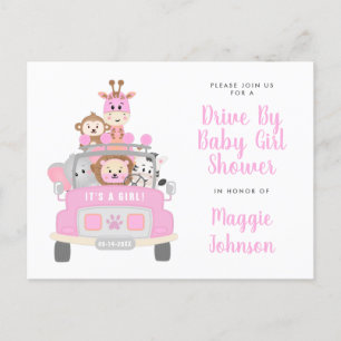 It's a Girl Drive By Safari Pink Baby Shower Invitation Postcard