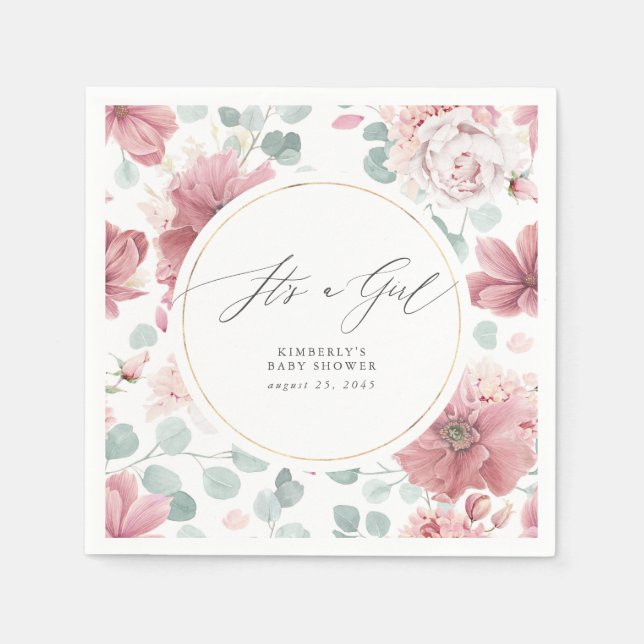 It's A Girl Dusty Rose Floral Cute Baby Shower Napkin (Front)