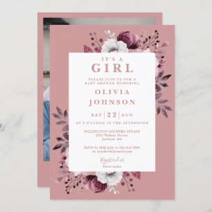 Its A Girl Dusty Rose Floral Photo Baby Shower Invitation