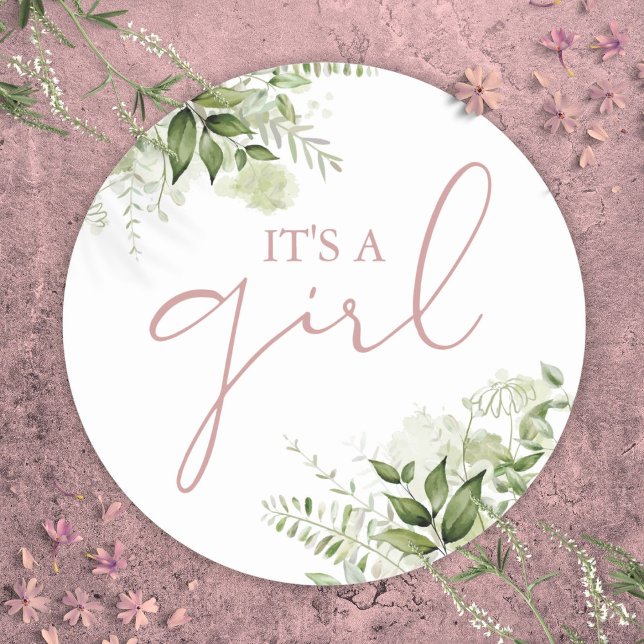 Its A Girl Dusty Rose Greenery Baby Shower Favour Classic Round Sticker (Its A Girl Dusty Rose Greenery Baby Shower Favor Classic Round Sticker)
