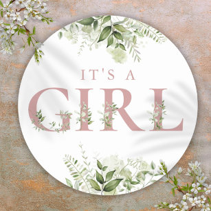 Its A Girl Dusty Rose Greenery Floral Baby Shower Classic Round Sticker