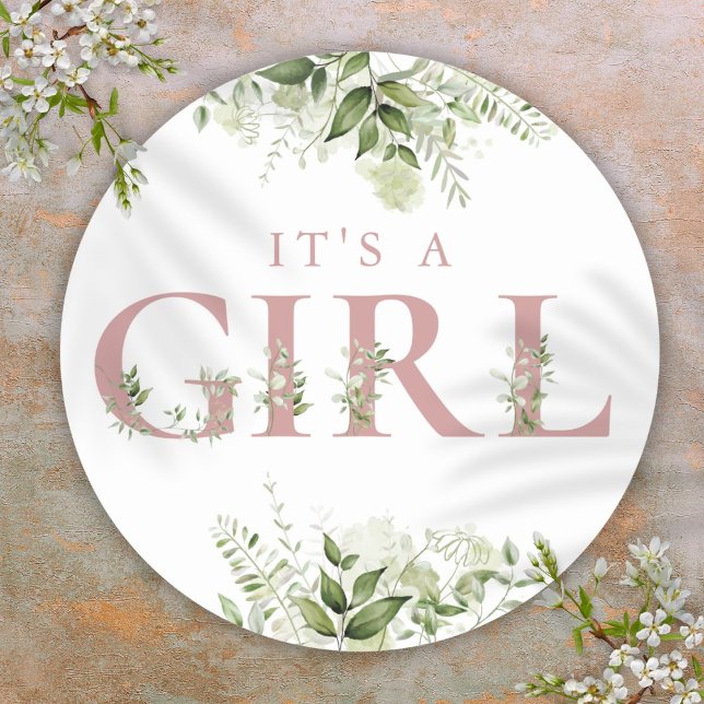 Its A Girl Dusty Rose Greenery Floral Baby Shower Classic Round Sticker (Its A Girl Dusty Rose Greenery Floral Baby Shower Classic Round Sticker)