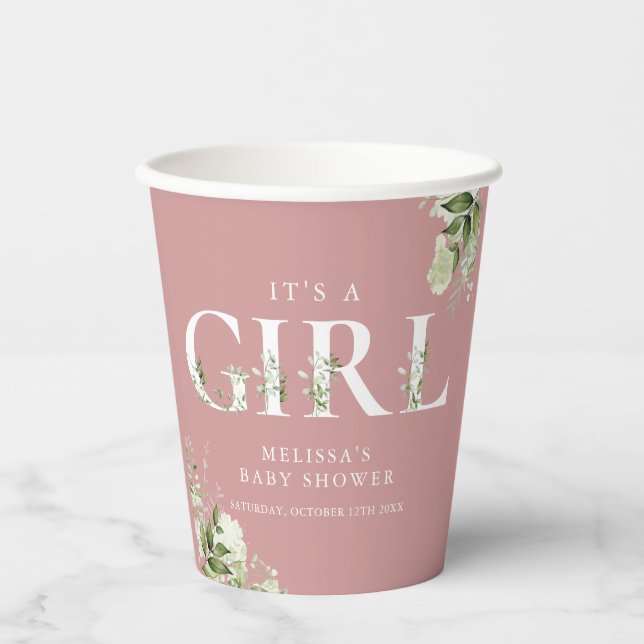 Its A Girl Dusty Rose Pink Greenery Baby Shower Paper Cups (Front)
