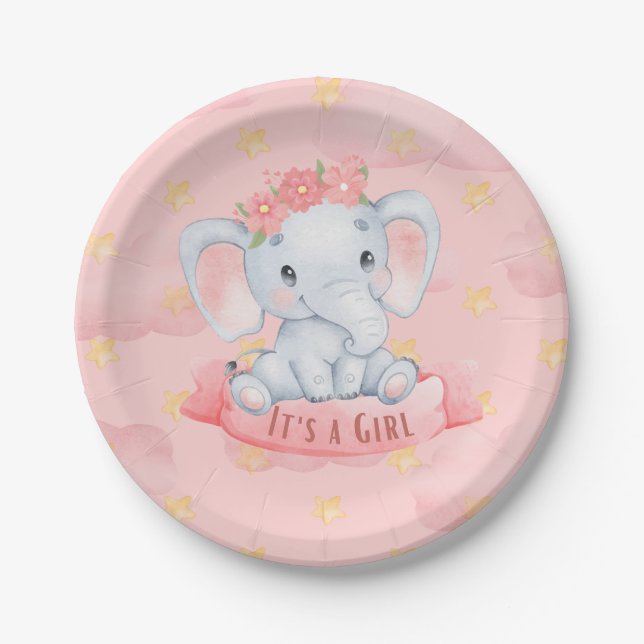 its a girl elephant baby shower party paper plate (Front)