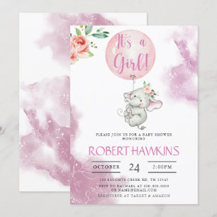 It's a Girl, Elephant Balloon Baby Shower Invitati Invitation