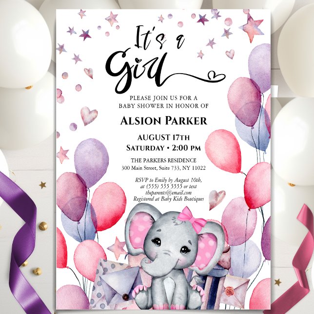 It's a Girl Elephant Pink Balloons Baby Shower Invitation (Creator Uploaded)