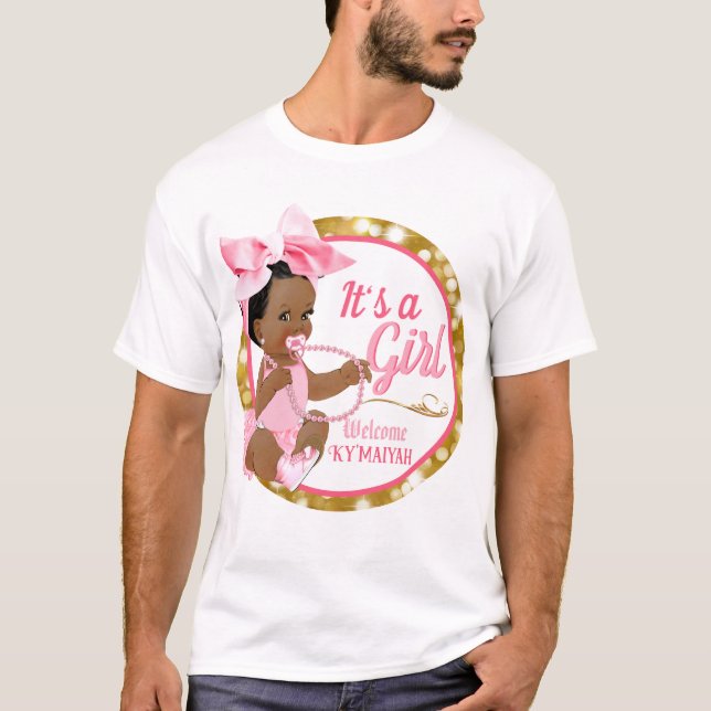 It's a Girl Ethnic Baby Girl Pink Bow & Pearls T-Shirt (Front)