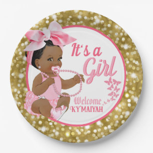 It's a Girl Ethnic  Pink and Gold Glitter Elegant Paper Plate