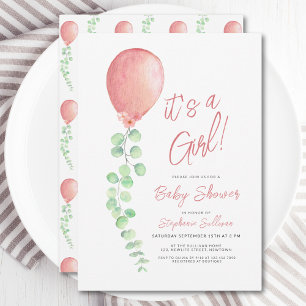 Its A Girl Eucalyptus Greenery Balloon Baby Shower Invitation