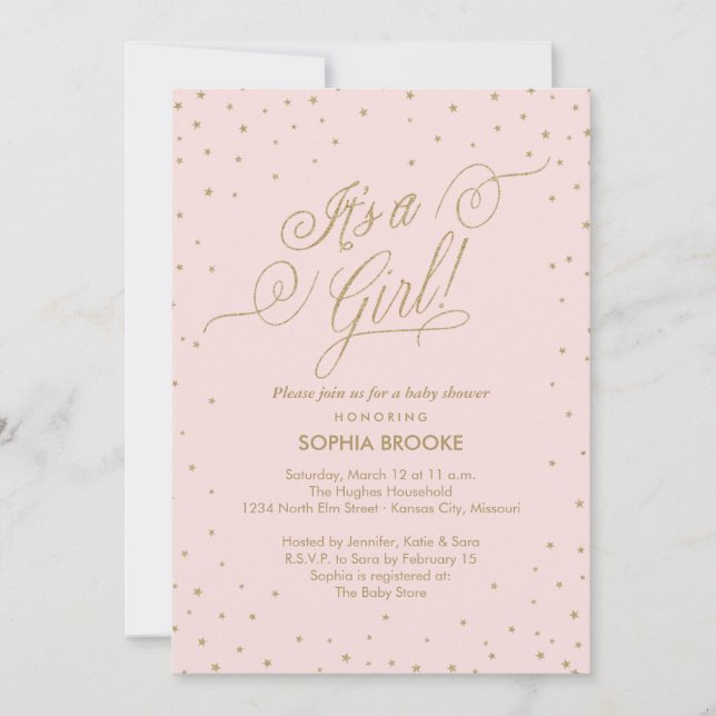 It's a Girl! Fancy Gold Stars Pink Baby Shower Invitation (Front)