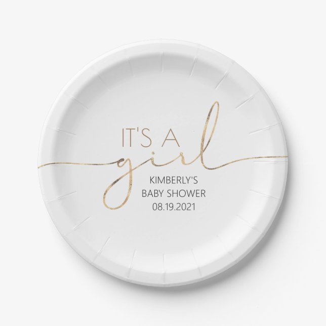 It's A Girl Faux Gold Script Baby Shower Modern Paper Plate (Front)