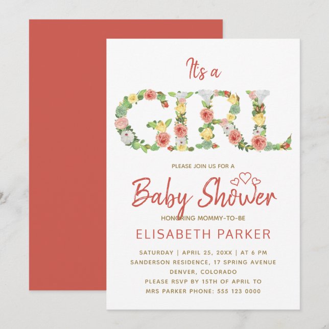 It's a GIRL floral alphabet script baby shower Invitation (Front/Back)