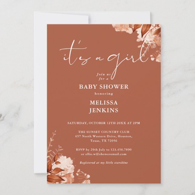Its A Girl Floral Autumn Fall Baby Shower Invitation (Front)