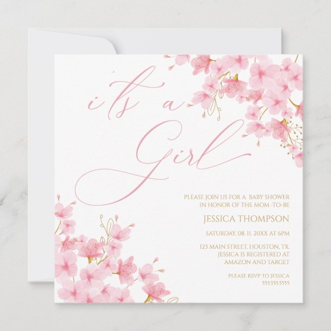 i'ts a Girl Floral Baby Shower Cherry Blossom Invitation (Front)
