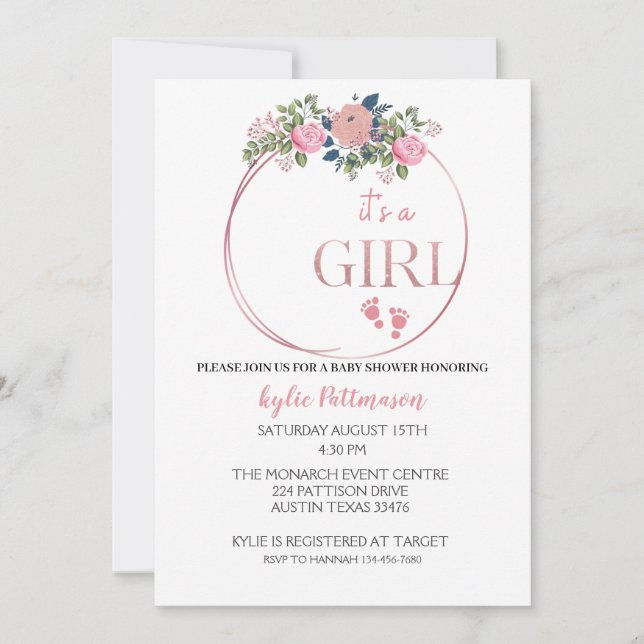  It's a Girl floral Baby Shower Invitation Card (Front)