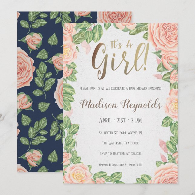 It's A Girl Floral Baby Shower Invitation Dark (Front/Back)