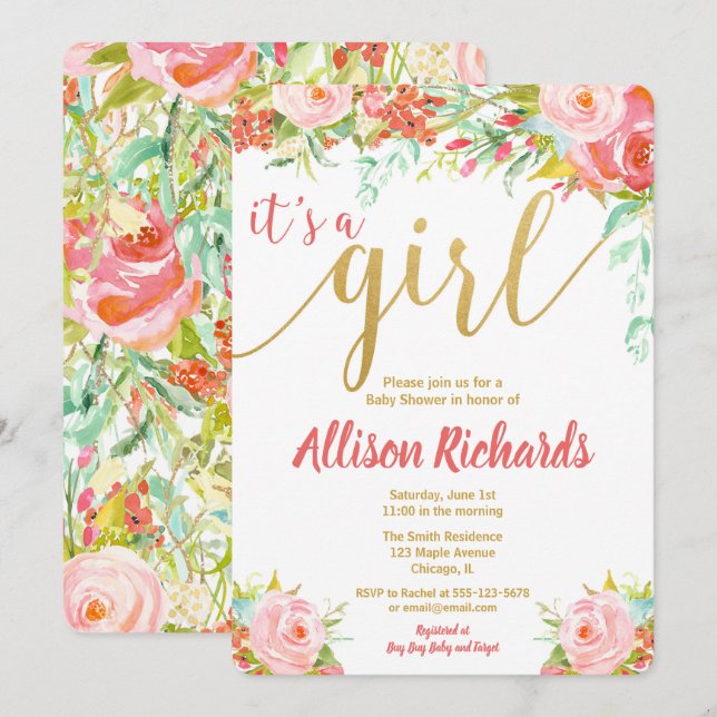 It's a girl floral baby shower invitations (Front/Back)