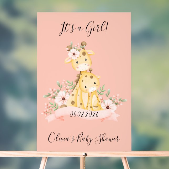 It's a girl floral giraffe pink baby shower acrylic sign (Neutral)