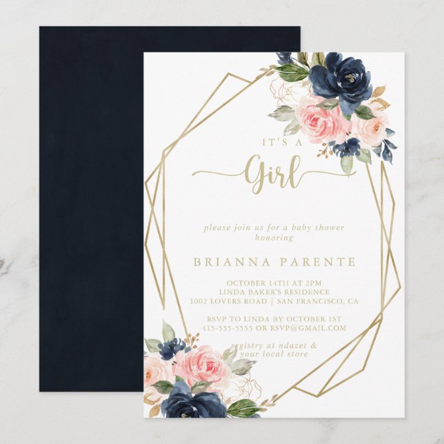 It's A Girl Floral Gold Geometric Baby Shower   Invitation (Front/Back)