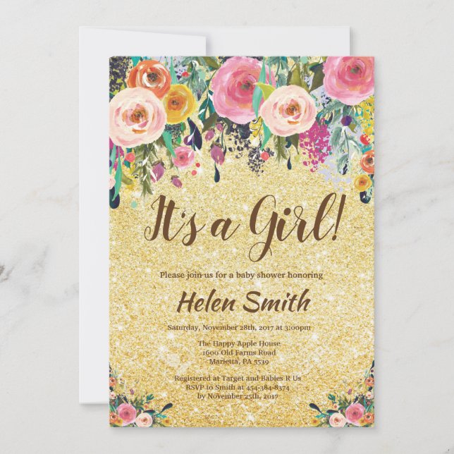 It's A Girl Floral Gold Glitter Baby Shower Invitation (Front)