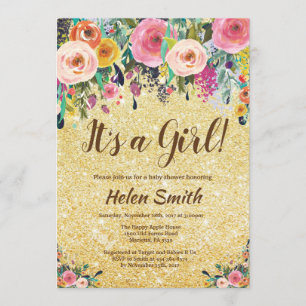 It's A Girl Floral Gold Glitter Baby Shower Invitation