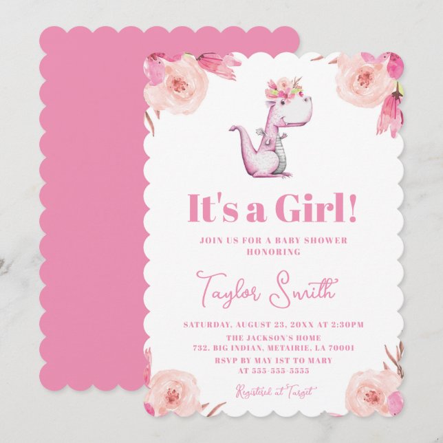It's a Girl Floral Pink Cute Dinosaur Baby Shower  Invitation (Front/Back)