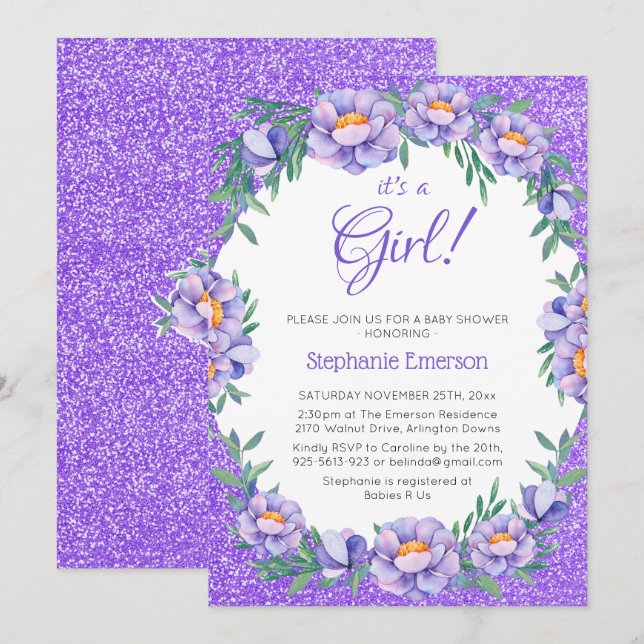 Its A Girl Floral Purple Glitter Baby Shower Invitation (Front/Back)