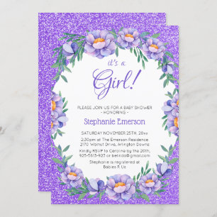 Its A Girl Floral Purple Glitter Baby Shower Invitation