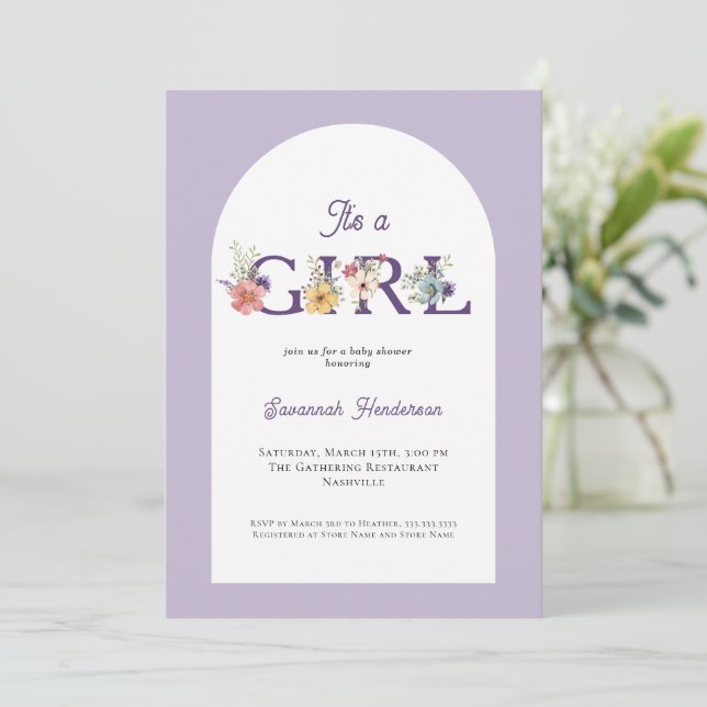 It's a Girl Floral Purple Pink Baby Shower Invitation (Standing Front)