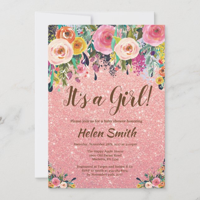 It's A Girl Floral Rose Gold Glitter Baby Shower Invitation (Front)