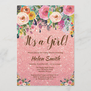 It's A Girl Floral Rose Gold Glitter Baby Shower Invitation