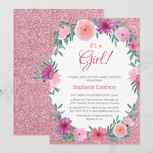Its A Girl Floral Rose Gold Glitter Baby Shower Invitation (Front/Back)