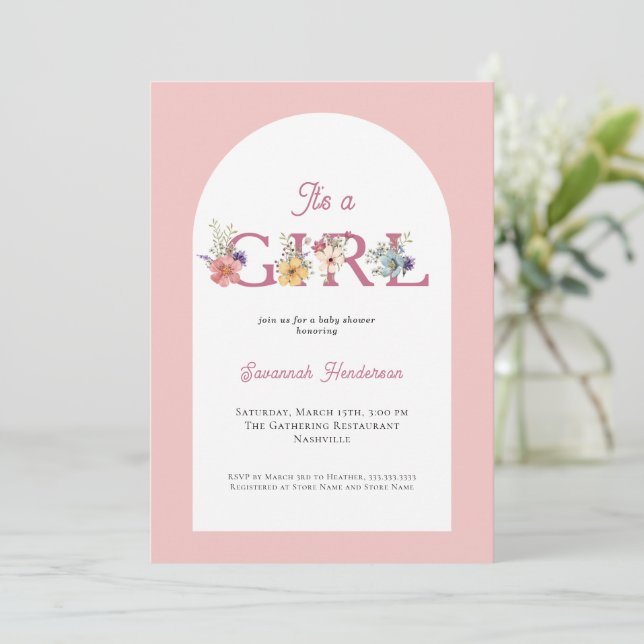 It's a Girl Floral Soft Pink Baby Shower Invitation (Standing Front)