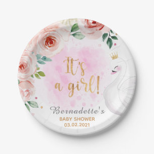 It's a Girl! Floral Swan Princess Baby Shower Paper Plate