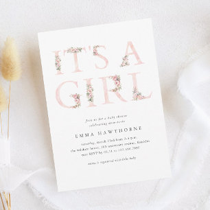 It's A Girl Floral Typography Pink Baby Shower Invitation