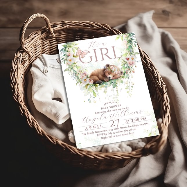It's a Girl Floral Woodland Bear Baby Girl Shower Invitation (Creator Uploaded)