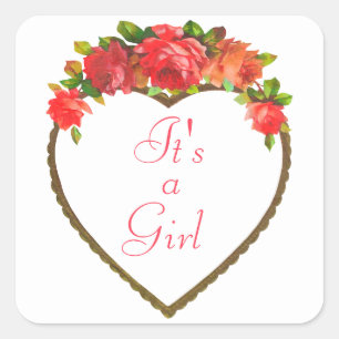 It's a Girl Flower Frame Square Sticker