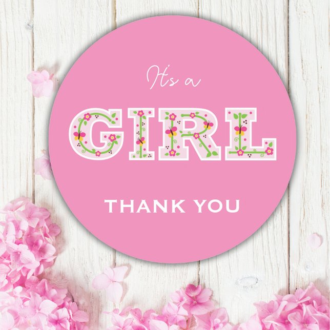 it's a girl, flowers and butterflies baby shower classic round sticker (Creator Uploaded)