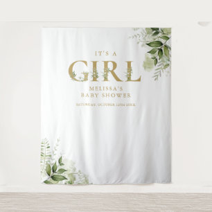 Its A Girl Foliage Gold Baby Shower Photo Backdrop Tapestry